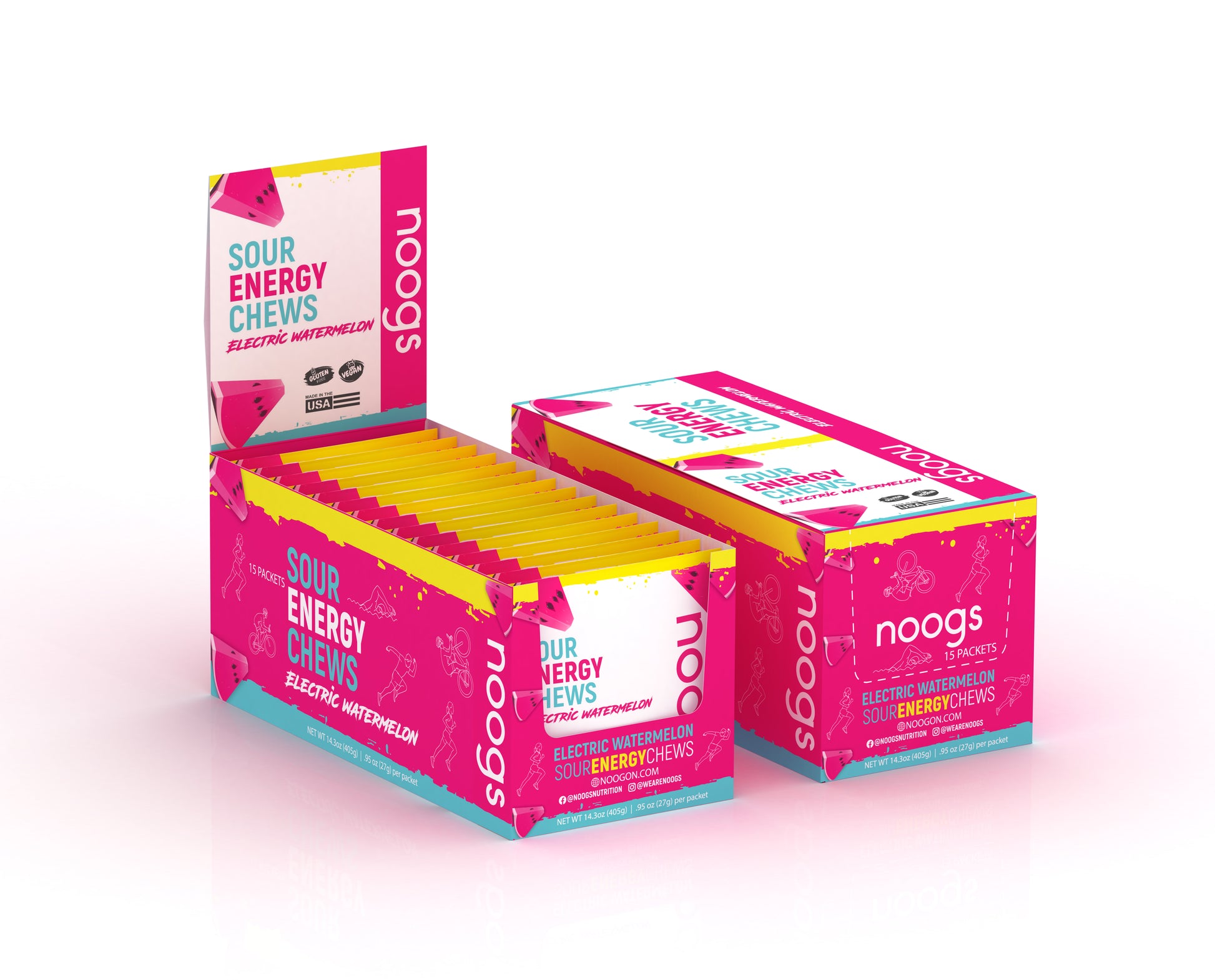 Carton containing 15 packets of Noogs Sour Watermelon Energy Chews