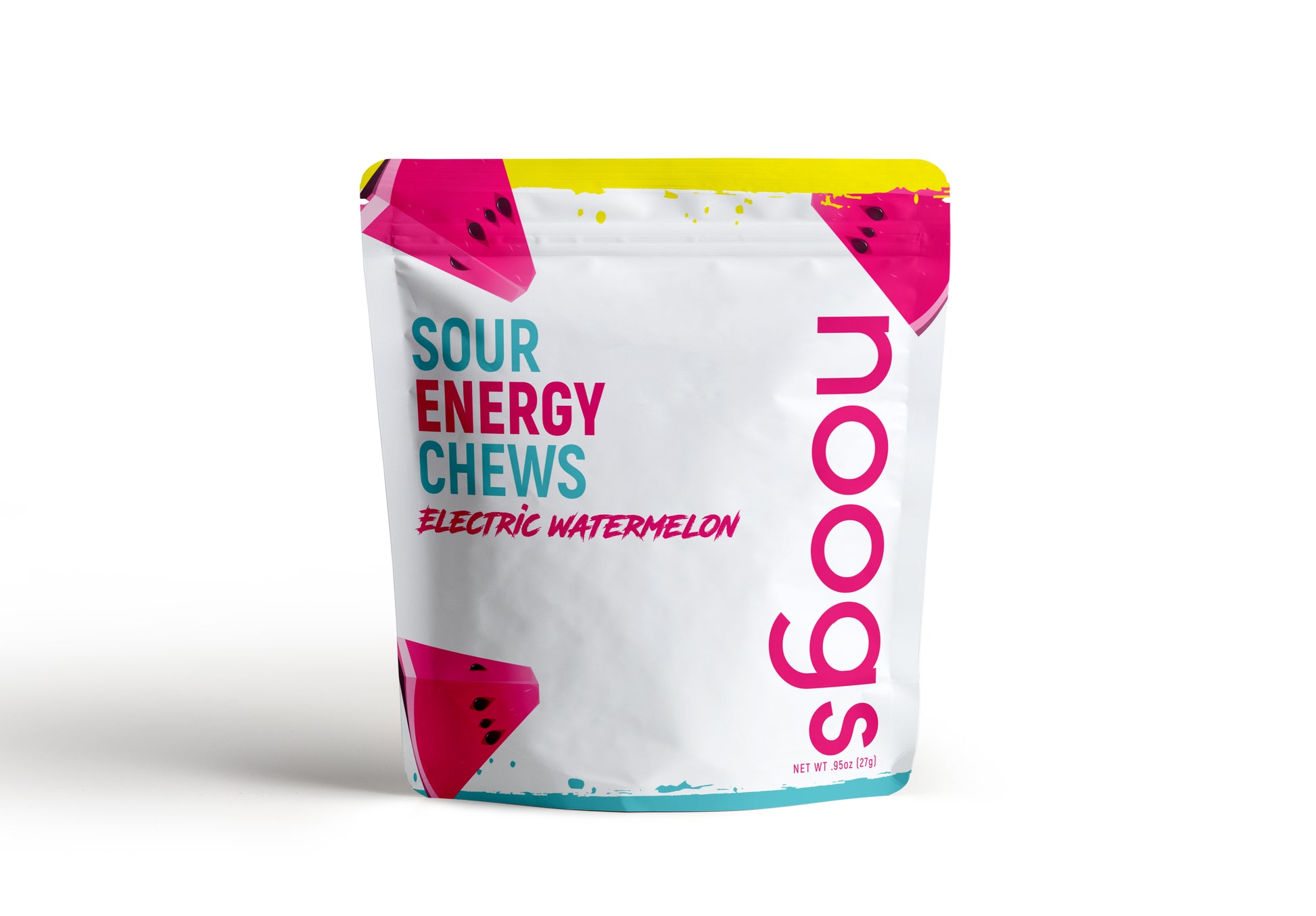 Front of single packet of Noogs Sour Watermelon Energy Chews