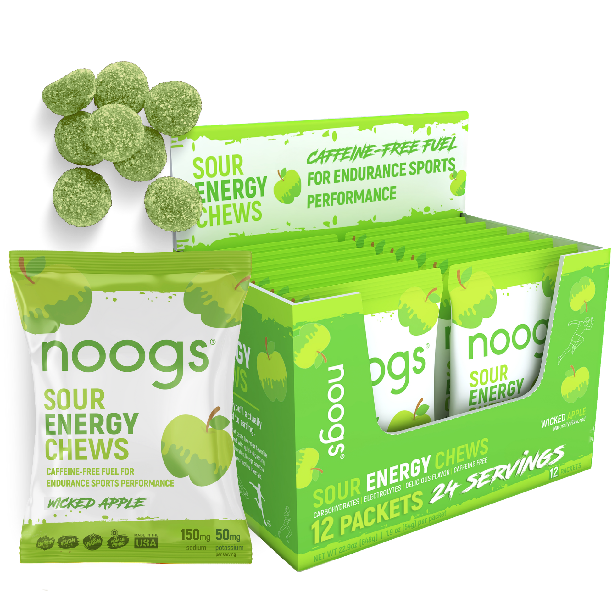 Box display of Noogs Sour Energy Chews in Wicked Apple flavor with open packets and green sour chews shown.